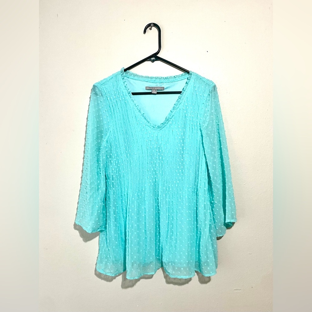 Valerie Stevens Aqua Layered Swiss Dot V Neck Lined Blouse Women's M Beach EUC